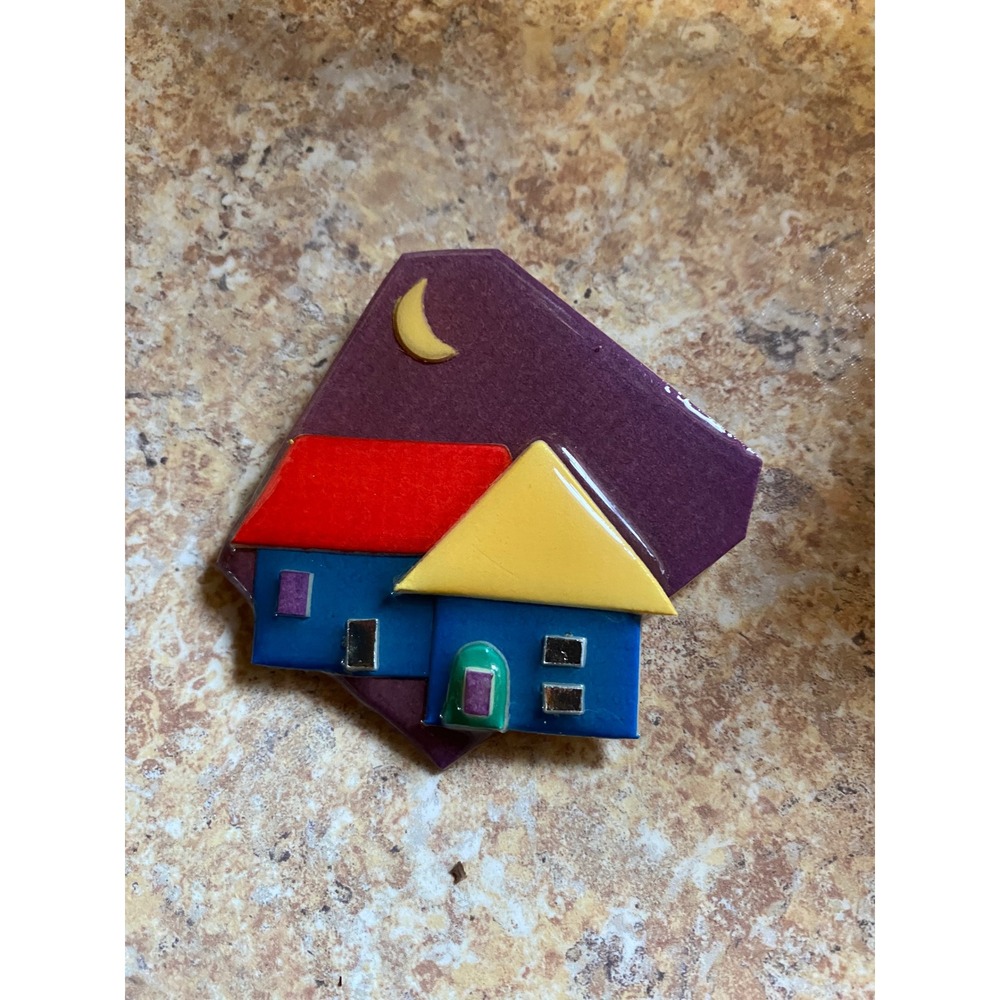 House Pins by Lucinda Art Resin Brooch Blue House Moon Night Scene Vintage Maine